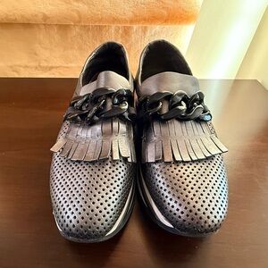 Women's Black Perforated Leather Loafers with Fringe and Chain